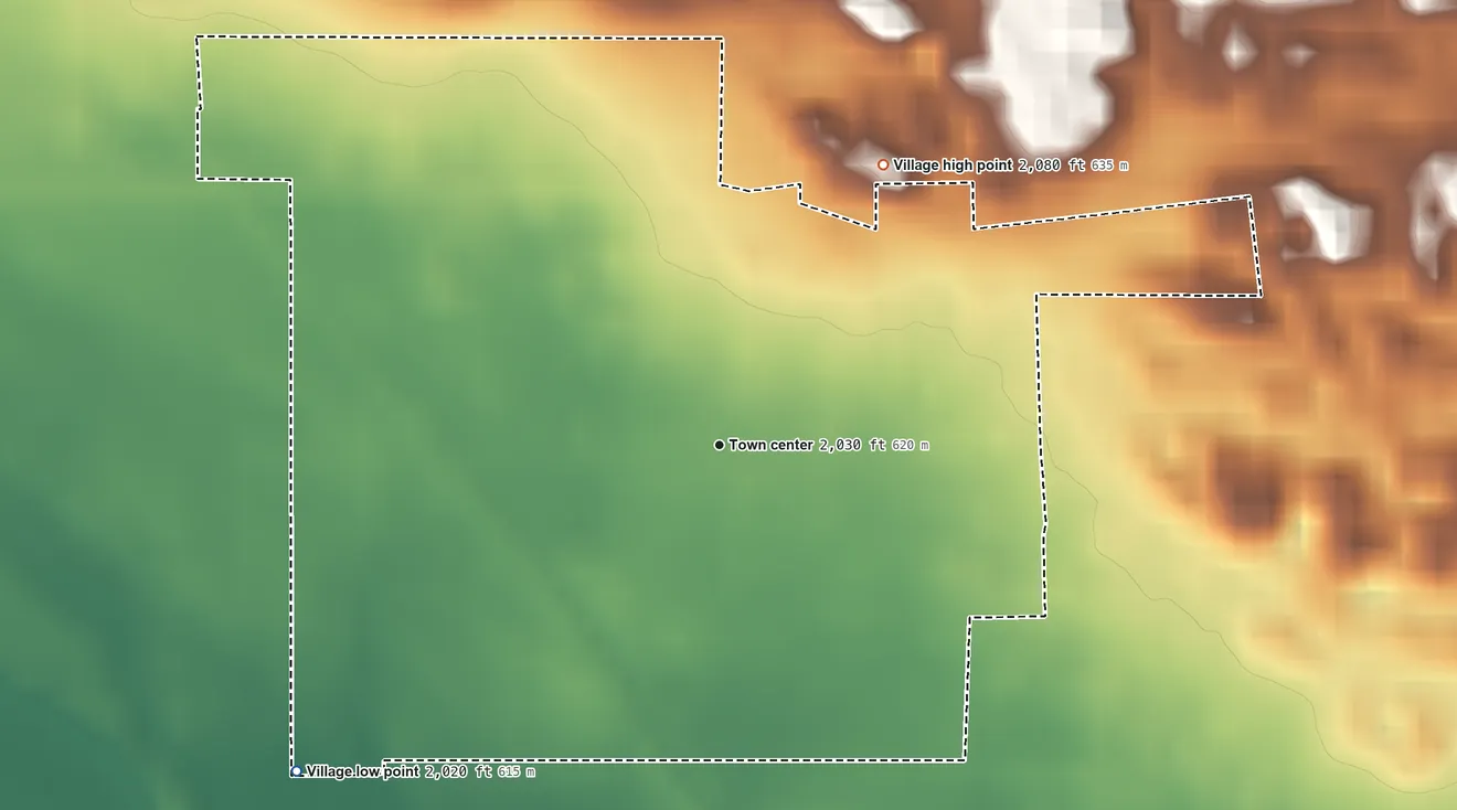 Topographic elevation map of Ericson, Nebraska, shaded from 2,020 ft on the southwest side to 2,080 ft on the northeast side