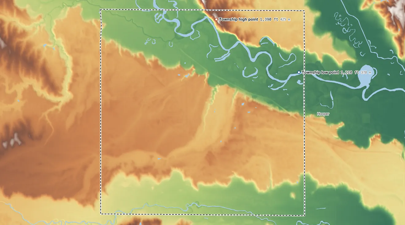 Topographic elevation map of Everett Township, Dodge County, Nebraska, shaded from 1,210 ft on the northeast side to 1,390 ft on the north side
