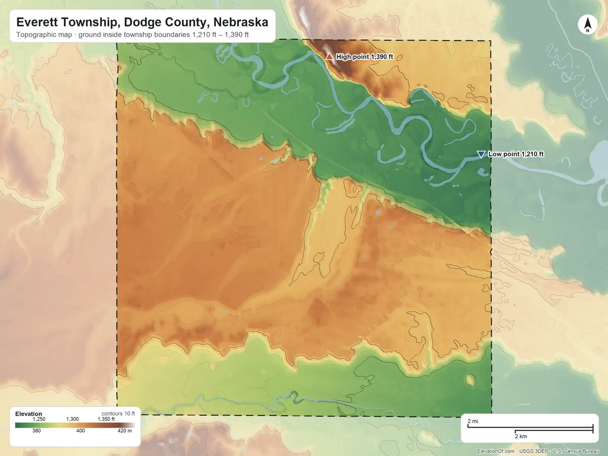 Topographic elevation map of Everett Township, Dodge County, Nebraska, shaded from 1,210 ft on the northeast side to 1,390 ft on the north side