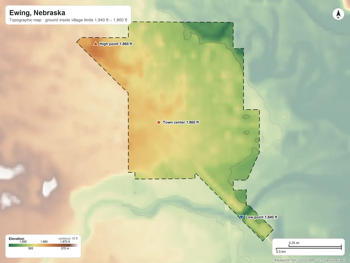 Topographic elevation map of Ewing, Nebraska, shaded from 1,840 ft on the southeast side to 1,860 ft on the northwest side