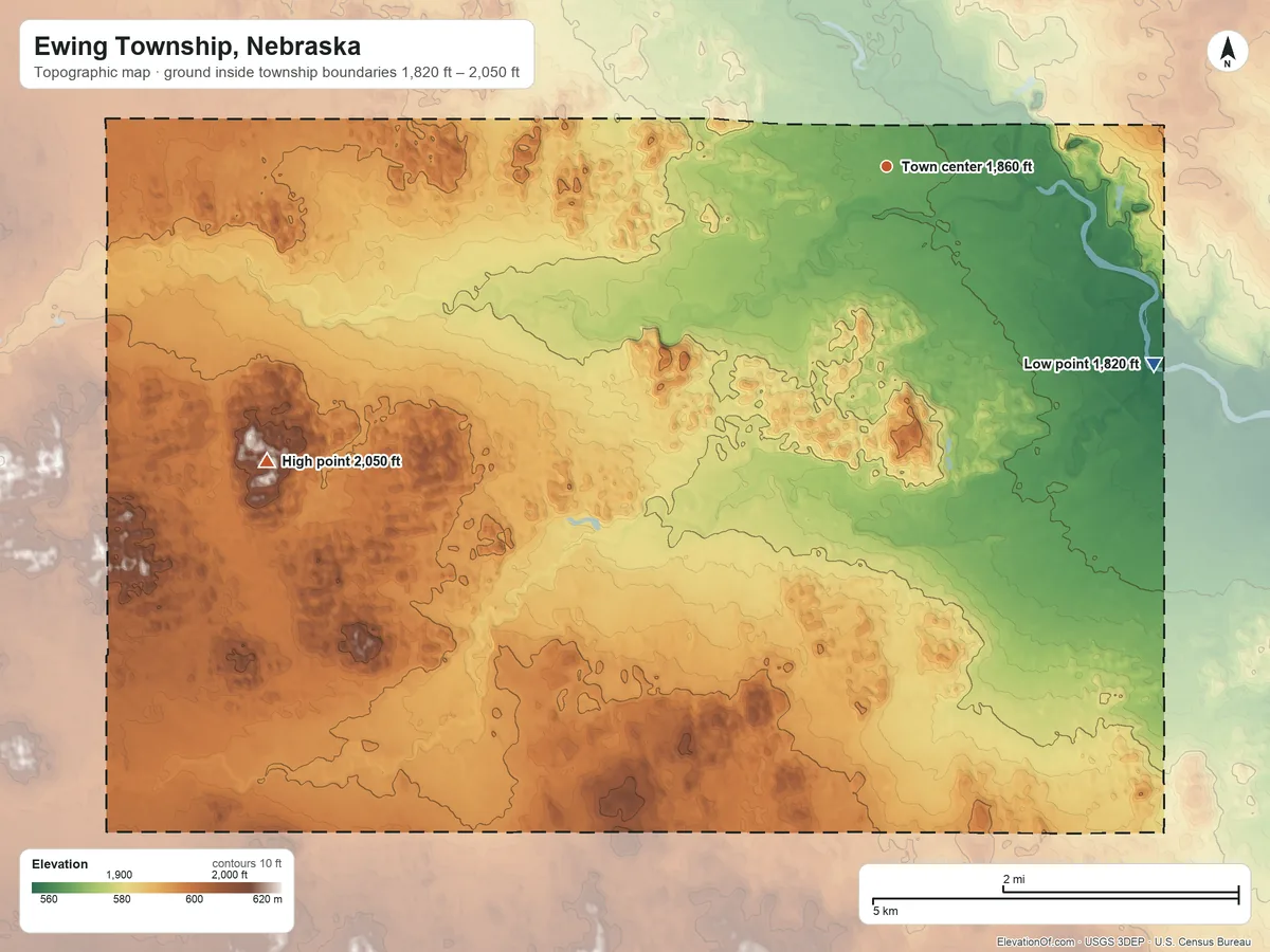 Topographic elevation map of Ewing Township, Nebraska, shaded from 1,820 ft on the southeast side to 2,050 ft on the southwest side