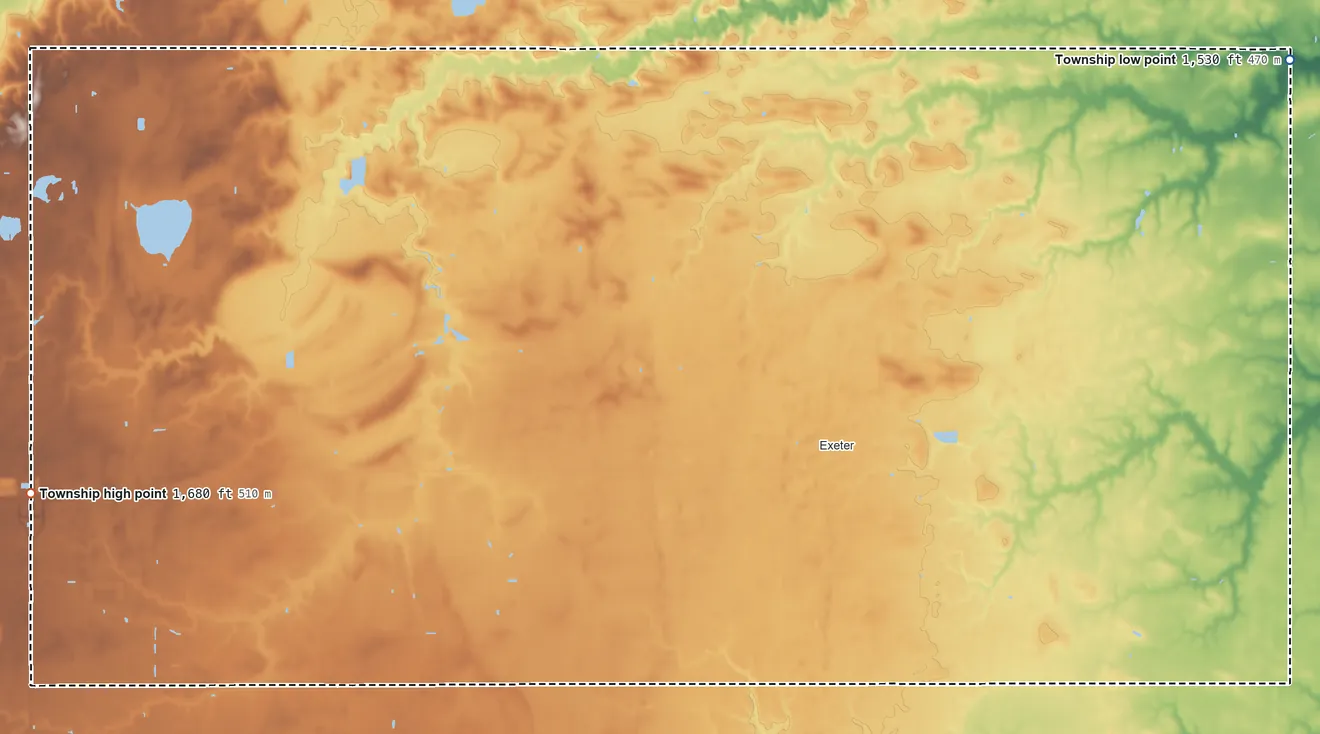 Topographic elevation map of Exeter-Fairmont Consolidated Township, Nebraska, shaded from 1,530 ft on the northeast side to 1,680 ft on the west side