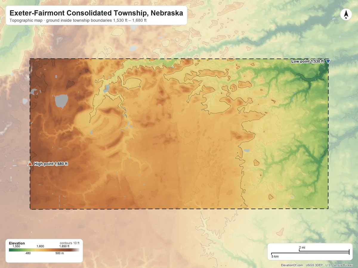 Topographic elevation map of Exeter-Fairmont Consolidated Township, Nebraska, shaded from 1,530 ft on the northeast side to 1,680 ft on the west side