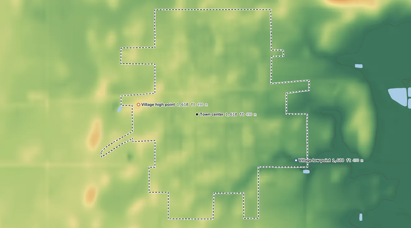 Topographic elevation map of Exeter, Nebraska, shaded from 1,600 ft on the southeast side to 1,610 ft on the west side