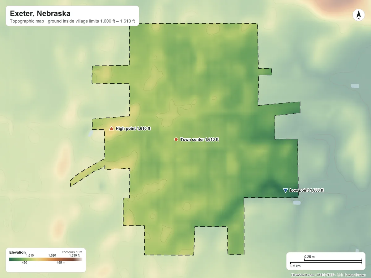 Topographic elevation map of Exeter, Nebraska, shaded from 1,600 ft on the southeast side to 1,610 ft on the west side