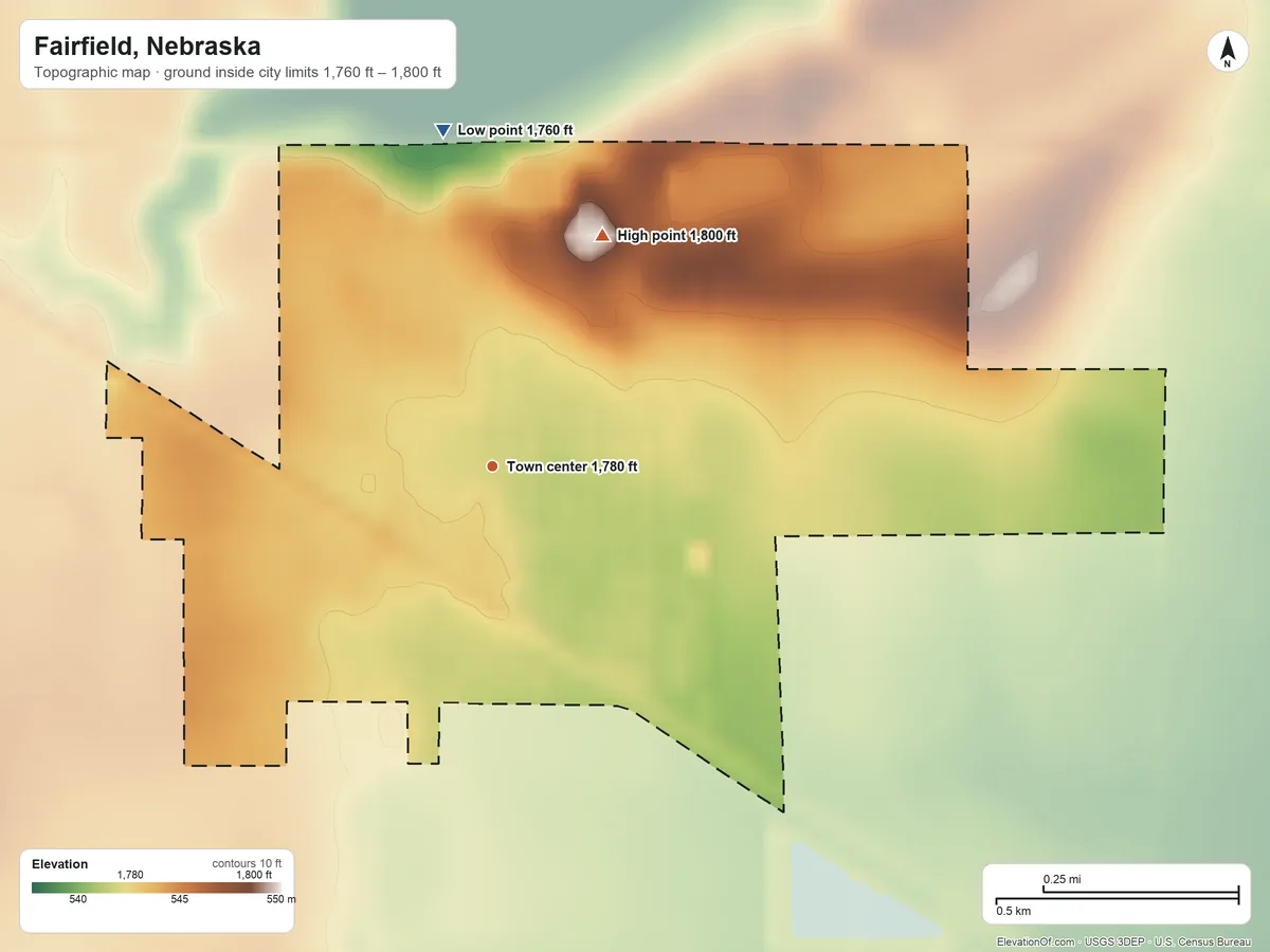 Topographic elevation map of Fairfield, Nebraska, shaded from 1,760 ft on the north side to 1,800 ft on the northeast side