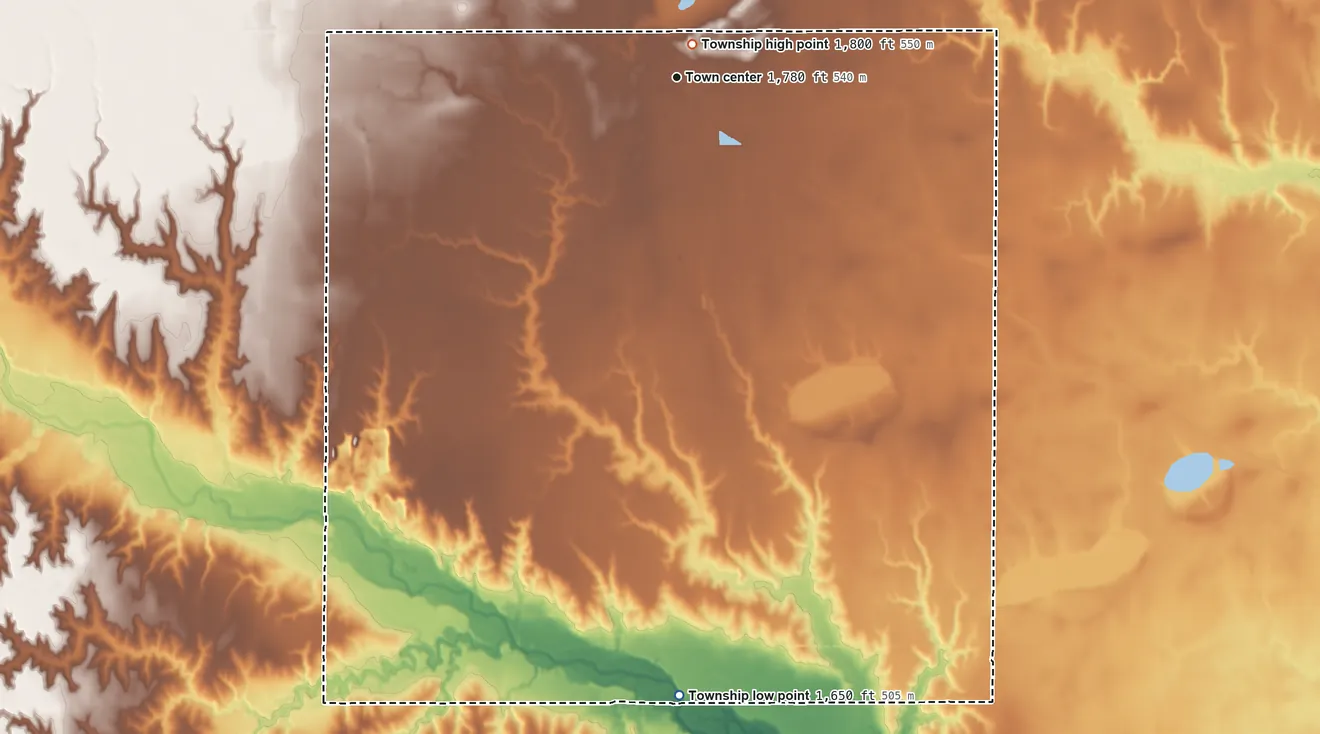 Topographic elevation map of Fairfield Township, Nebraska, shaded from 1,650 ft on the south side to 1,800 ft near the middle