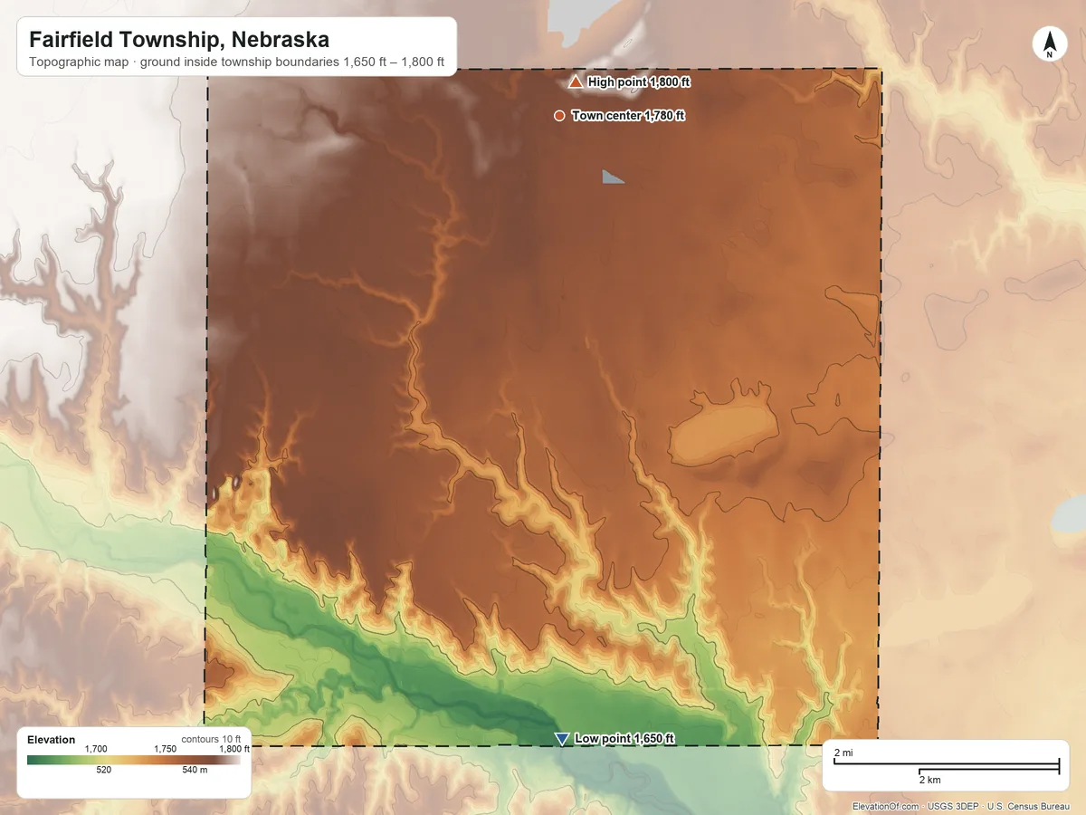 Topographic elevation map of Fairfield Township, Nebraska, shaded from 1,650 ft on the south side to 1,800 ft near the middle