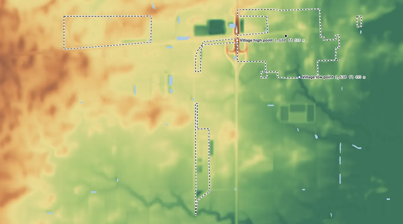 Topographic elevation map of Fairmont, Nebraska, shaded from 1,630 ft on the south side to 1,680 ft on the west side