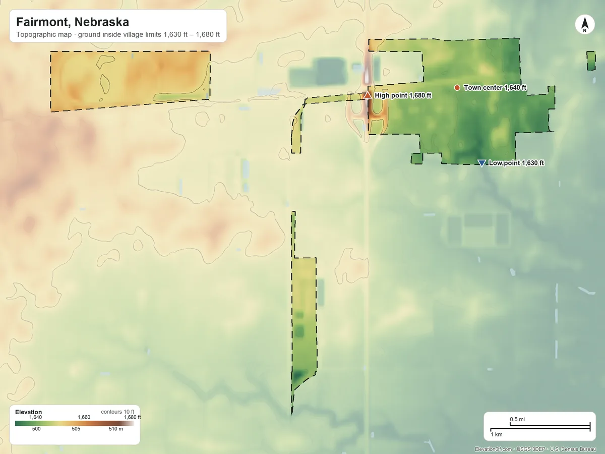 Topographic elevation map of Fairmont, Nebraska, shaded from 1,630 ft on the south side to 1,680 ft on the west side