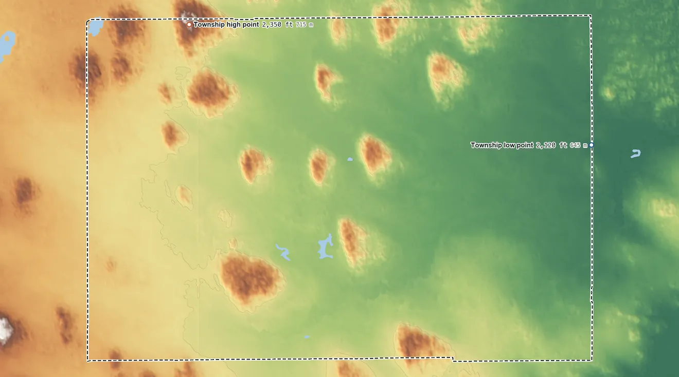 Topographic elevation map of Fairview Township, Nebraska, shaded from 2,120 ft on the northeast side to 2,350 ft on the north side