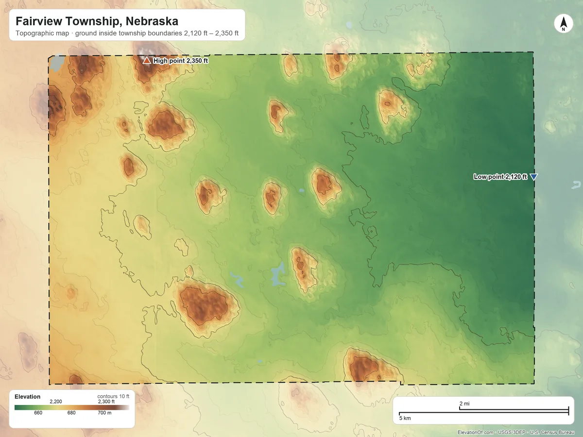 Topographic elevation map of Fairview Township, Nebraska, shaded from 2,120 ft on the northeast side to 2,350 ft on the north side