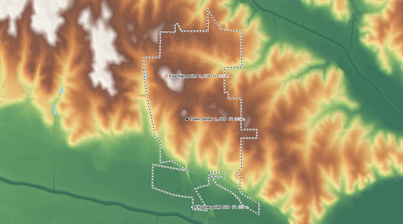 Topographic elevation map of Falls City, Nebraska, shaded from 880 ft on the south side to 1,030 ft on the northwest side