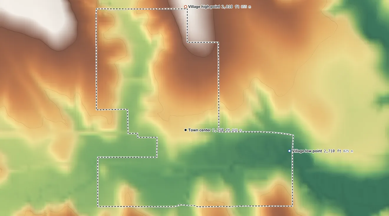 Topographic elevation map of Farnam, Nebraska, shaded from 2,710 ft on the east side to 2,810 ft on the north side