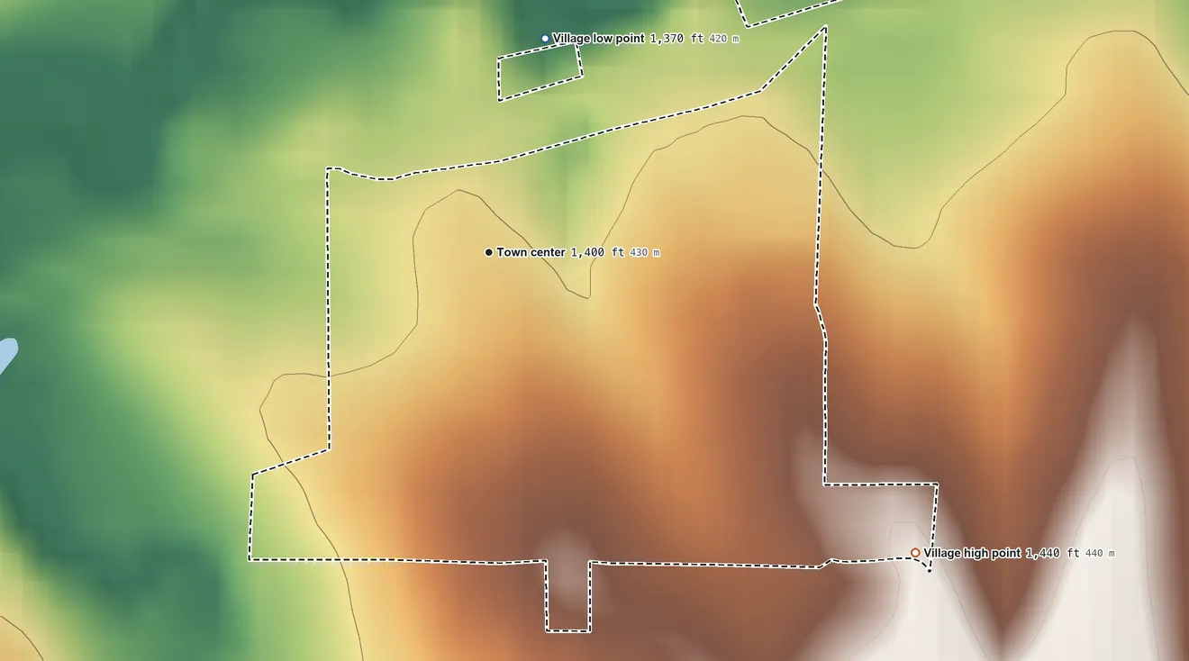 Topographic elevation map of Filley, Nebraska, shaded from 1,370 ft on the north side to 1,440 ft on the southeast side
