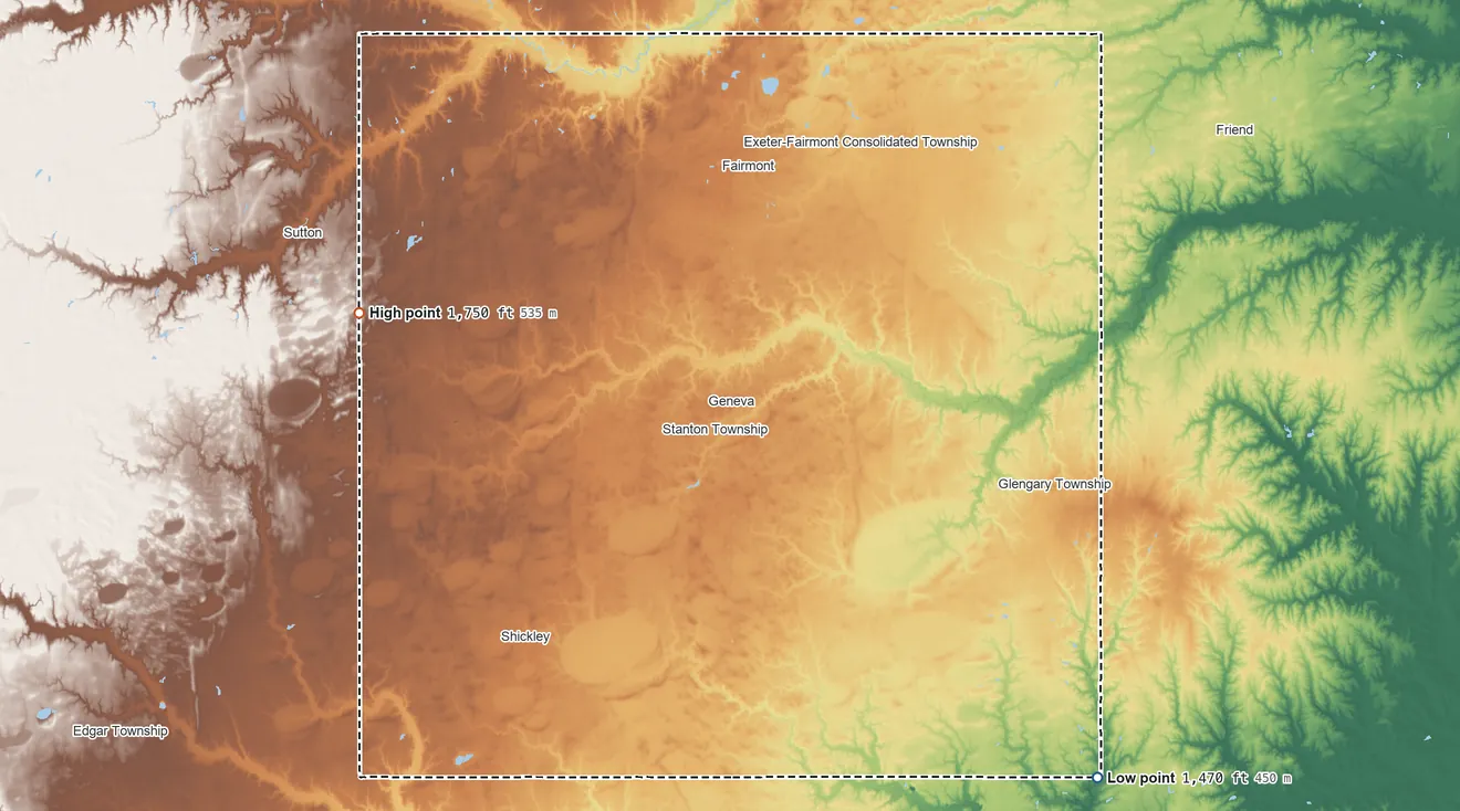 Topographic elevation map of Fillmore County, Nebraska, shaded from 1,470 ft on the southeast side to 1,750 ft on the west side