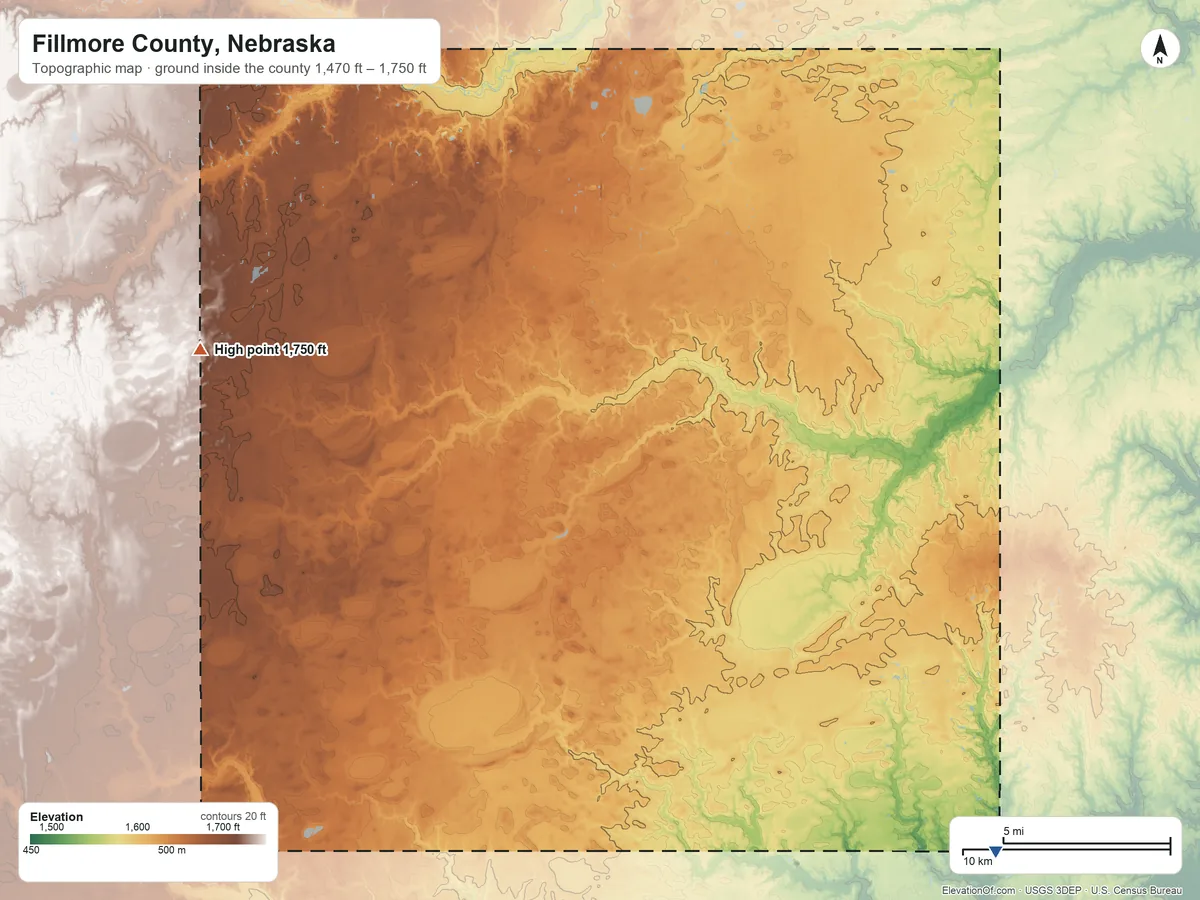 Topographic elevation map of Fillmore County, Nebraska, shaded from 1,470 ft on the southeast side to 1,750 ft on the west side