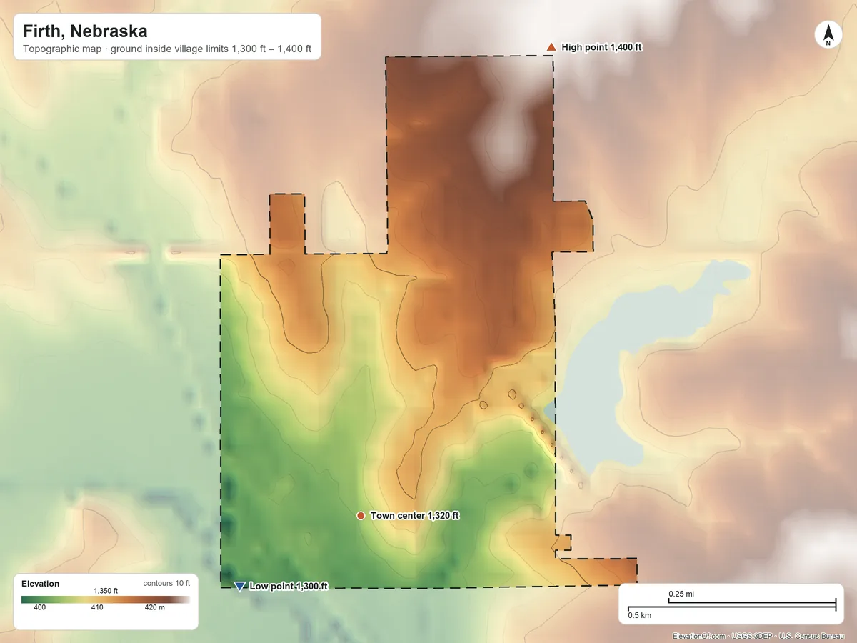 Topographic elevation map of Firth, Nebraska, shaded from 1,300 ft on the southwest side to 1,400 ft on the north side