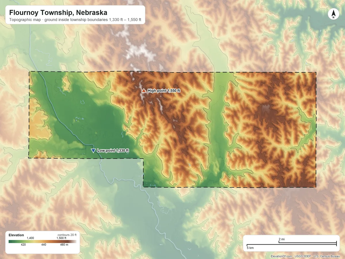 Topographic elevation map of Flournoy Township, Nebraska, shaded from 1,330 ft on the west side to 1,550 ft on the northwest side