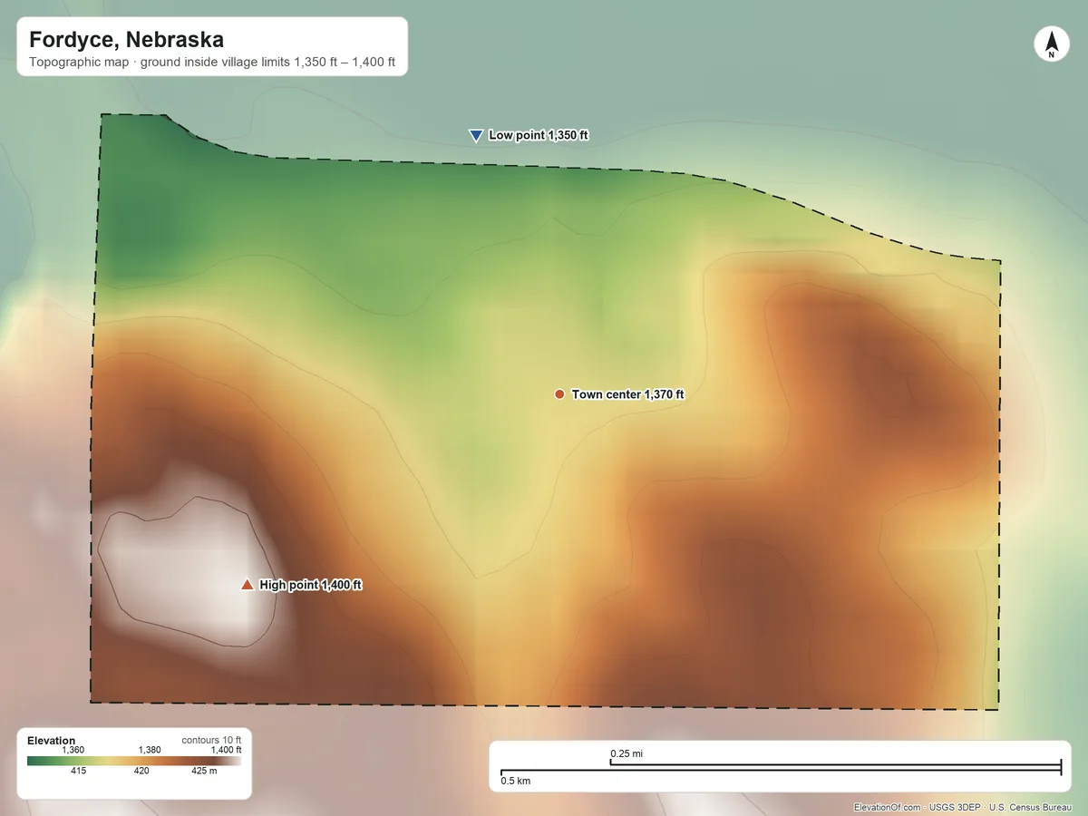 Topographic elevation map of Fordyce, Nebraska, shaded from 1,350 ft on the north side to 1,400 ft on the southwest side