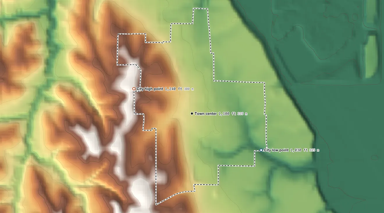 Topographic elevation map of Fort Calhoun, Nebraska, shaded from 1,030 ft on the southeast side to 1,240 ft on the northwest side