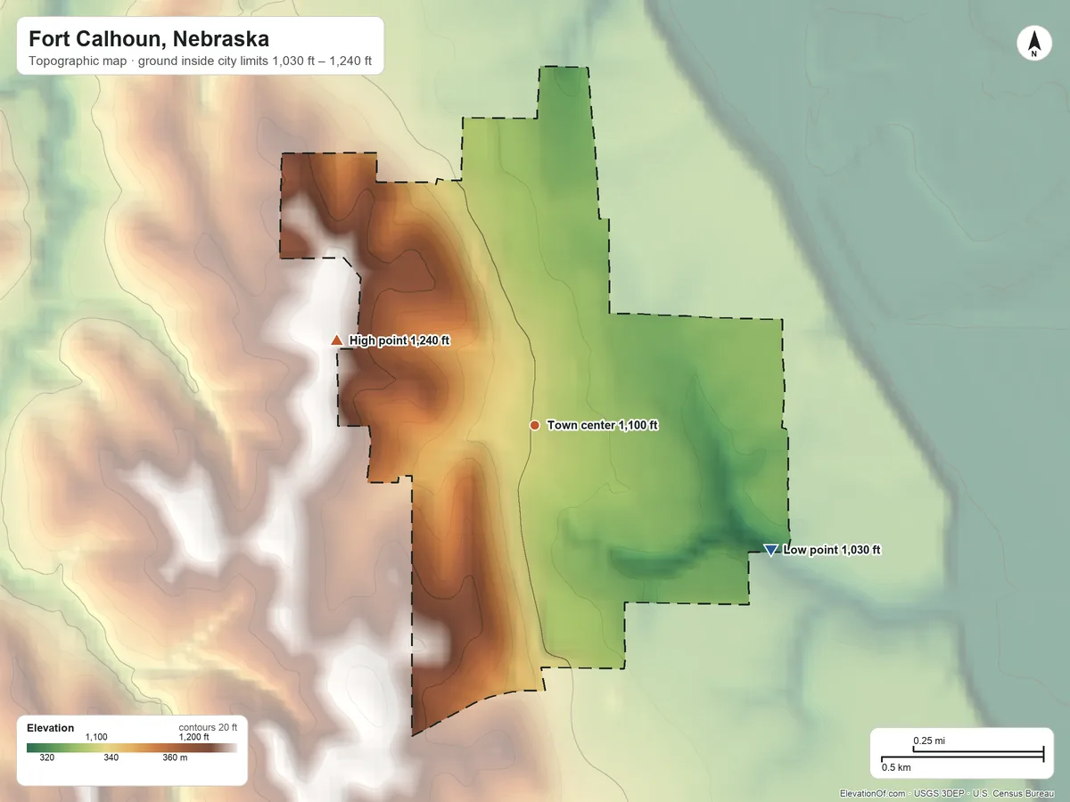 Topographic elevation map of Fort Calhoun, Nebraska, shaded from 1,030 ft on the southeast side to 1,240 ft on the northwest side