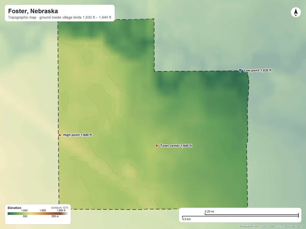 Topographic elevation map of Foster, Nebraska, shaded from 1,630 ft on the northeast side to 1,640 ft on the west side