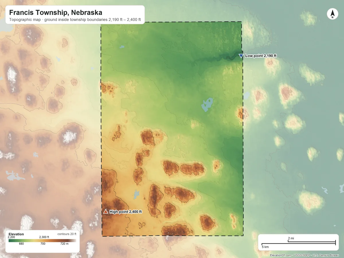 Topographic elevation map of Francis Township, Nebraska, shaded from 2,190 ft on the northeast side to 2,400 ft on the southwest side