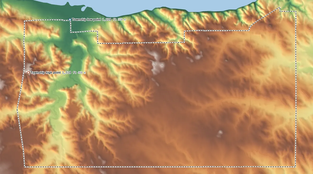 Topographic elevation map of Frankfort Township, Nebraska, shaded from 1,220 ft on the northwest side to 1,510 ft on the west side