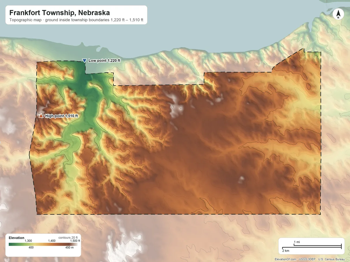Topographic elevation map of Frankfort Township, Nebraska, shaded from 1,220 ft on the northwest side to 1,510 ft on the west side
