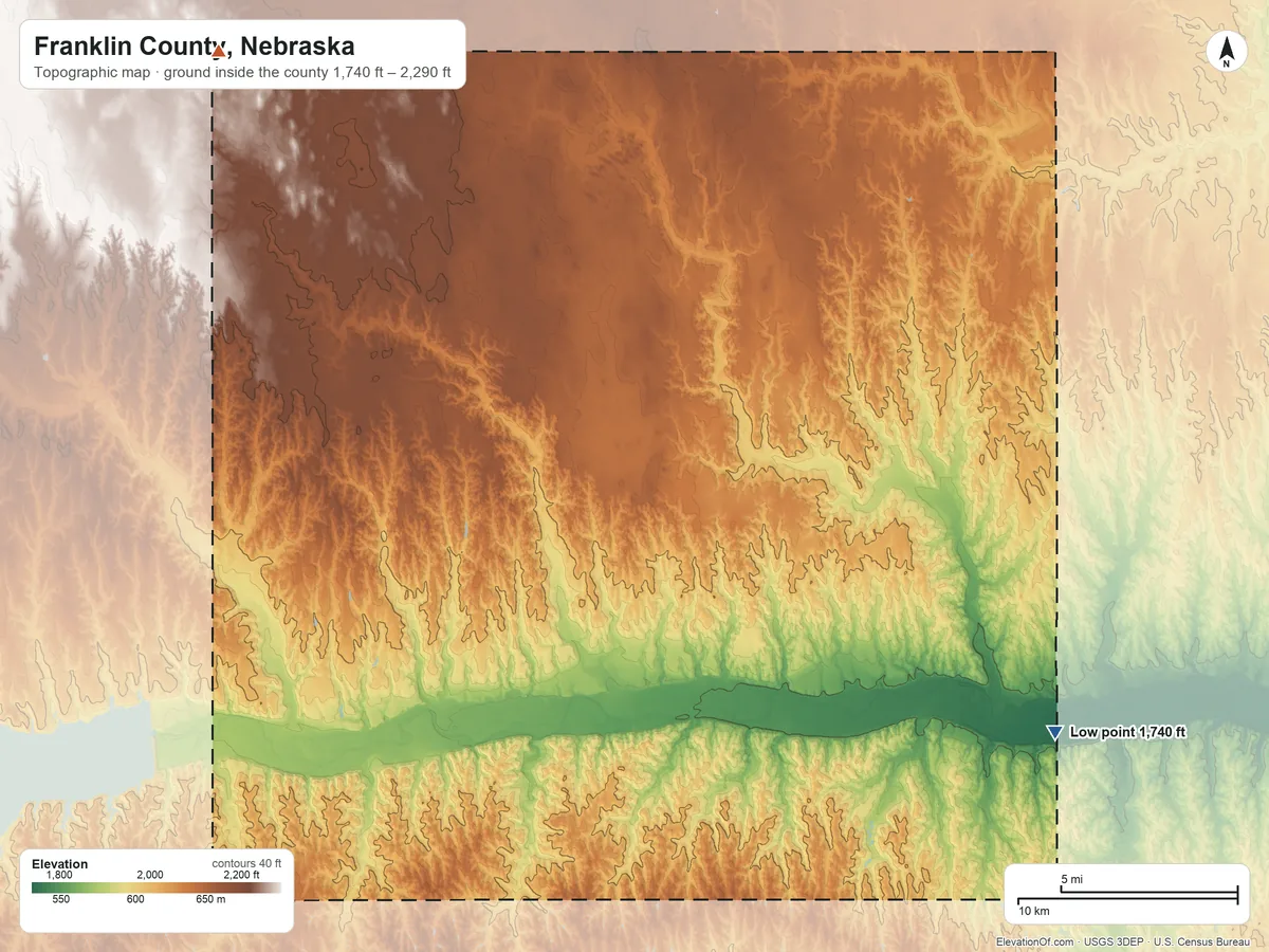 Topographic elevation map of Franklin County, Nebraska, shaded from 1,740 ft on the southeast side to 2,290 ft on the northwest side