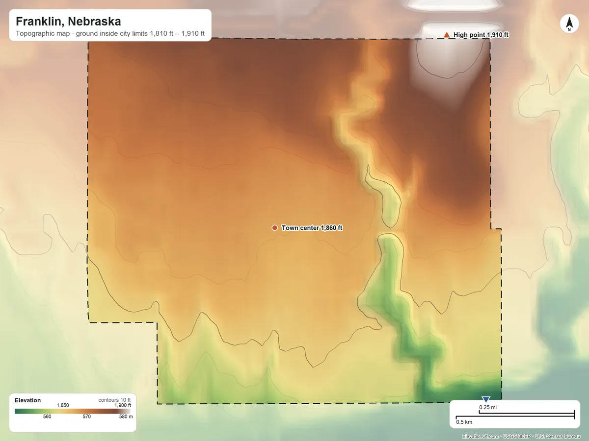 Topographic elevation map of Franklin, Nebraska, shaded from 1,810 ft on the southeast side to 1,910 ft on the northeast side