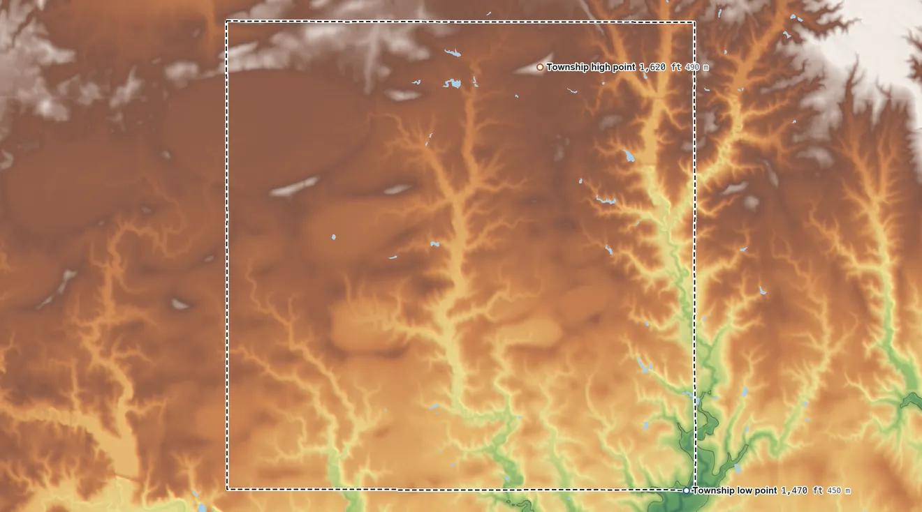 Topographic elevation map of Franklin Township, Fillmore County, Nebraska, shaded from 1,470 ft on the southeast side to 1,620 ft on the northeast side