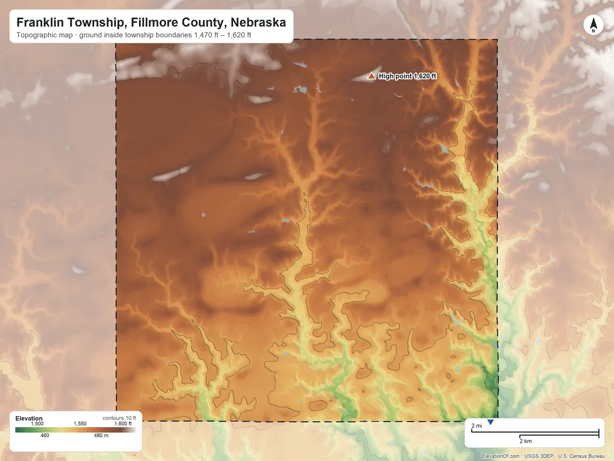 Topographic elevation map of Franklin Township, Fillmore County, Nebraska, shaded from 1,470 ft on the southeast side to 1,620 ft on the northeast side