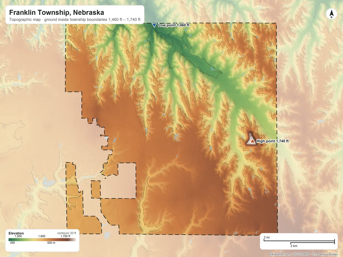 Topographic elevation map of Franklin Township, Nebraska, shaded from 1,460 ft on the north side to 1,740 ft on the east side