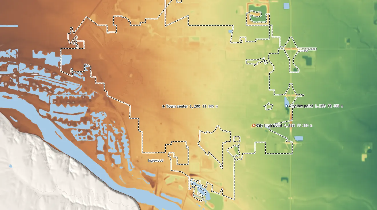 Topographic elevation map of Fremont, Nebraska, shaded from 1,160 ft on the east side to 1,230 ft on the east side