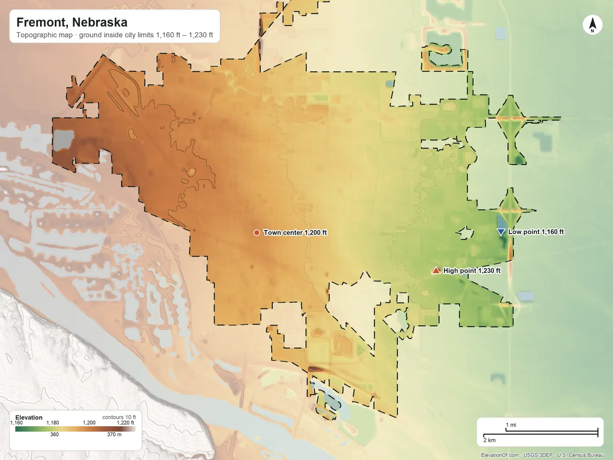 Topographic elevation map of Fremont, Nebraska, shaded from 1,160 ft on the east side to 1,230 ft on the east side