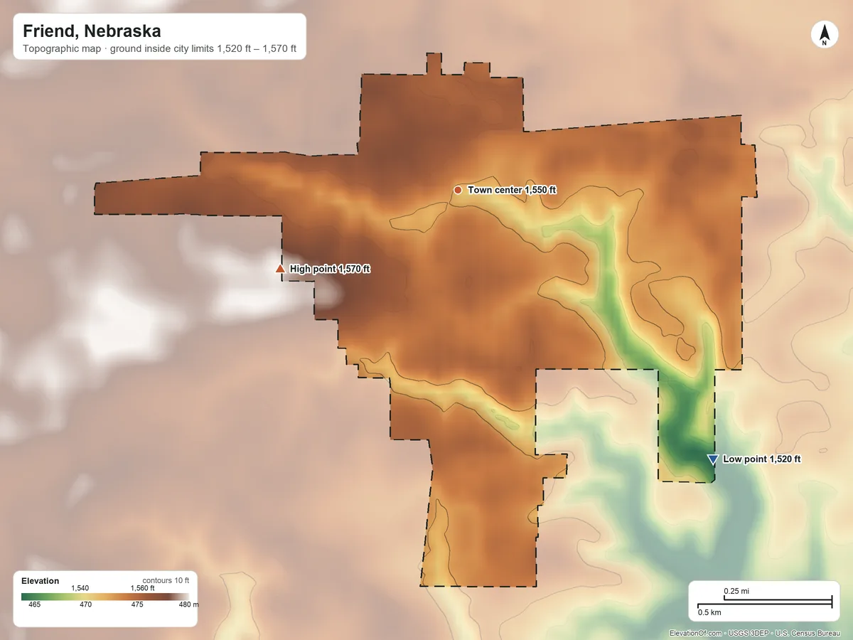 Topographic elevation map of Friend, Nebraska, shaded from 1,520 ft on the southeast side to 1,570 ft on the southwest side