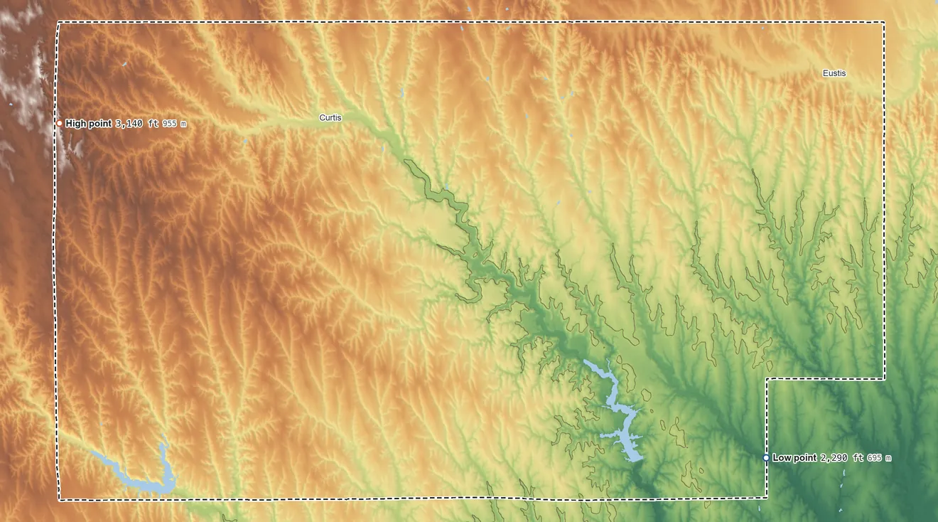 Topographic elevation map of Frontier County, Nebraska, shaded from 2,290 ft on the southeast side to 3,140 ft on the west side