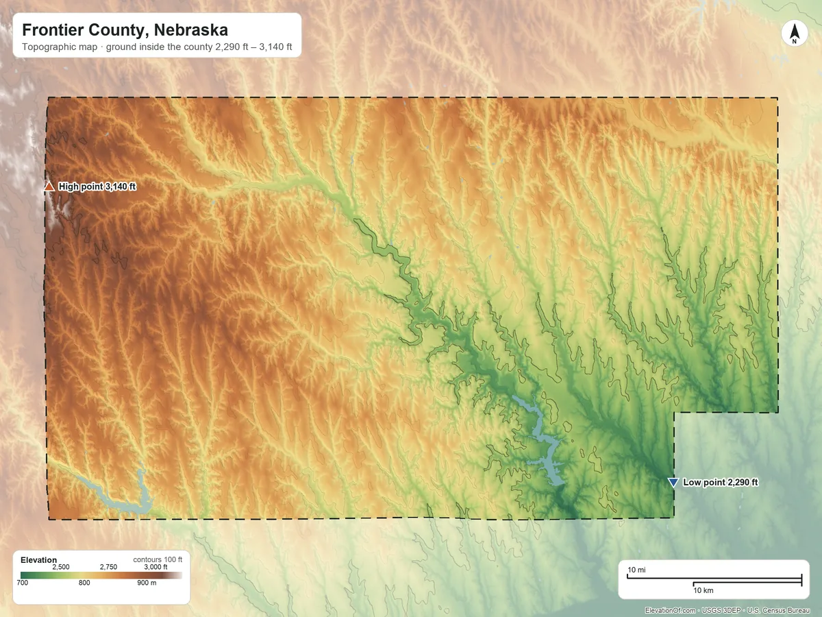 Topographic elevation map of Frontier County, Nebraska, shaded from 2,290 ft on the southeast side to 3,140 ft on the west side