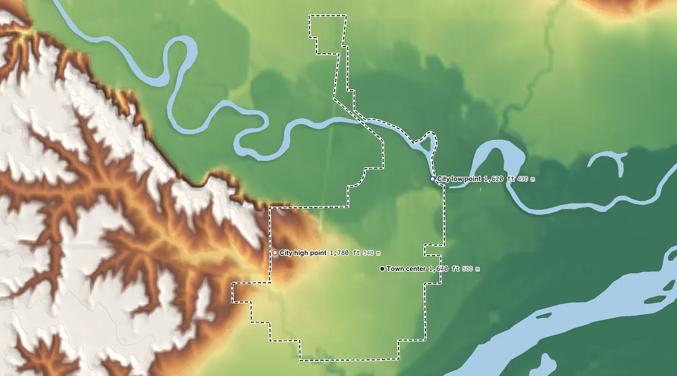 Topographic elevation map of Fullerton, Nebraska, shaded from 1,620 ft on the northeast side to 1,780 ft on the west side