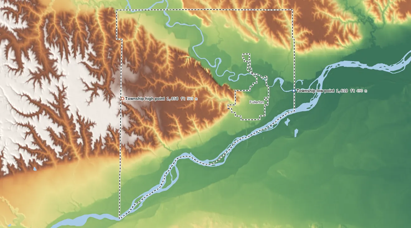 Topographic elevation map of Fullerton Township, Nebraska, shaded from 1,610 ft on the east side to 1,850 ft on the west side