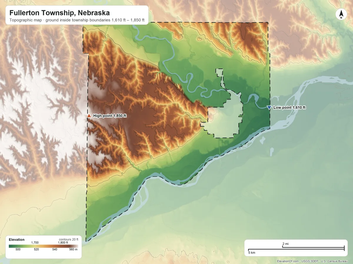 Topographic elevation map of Fullerton Township, Nebraska, shaded from 1,610 ft on the east side to 1,850 ft on the west side