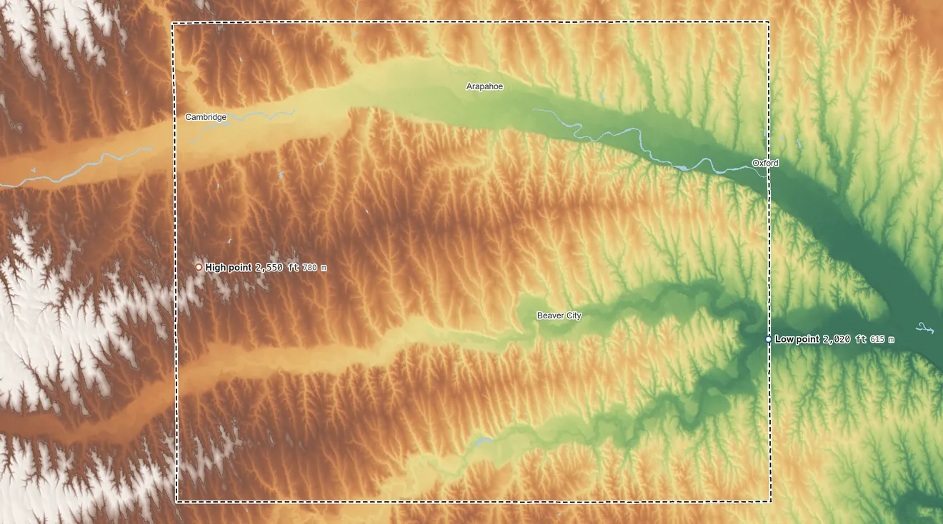 Topographic elevation map of Furnas County, Nebraska, shaded from 2,020 ft on the east side to 2,550 ft on the west side