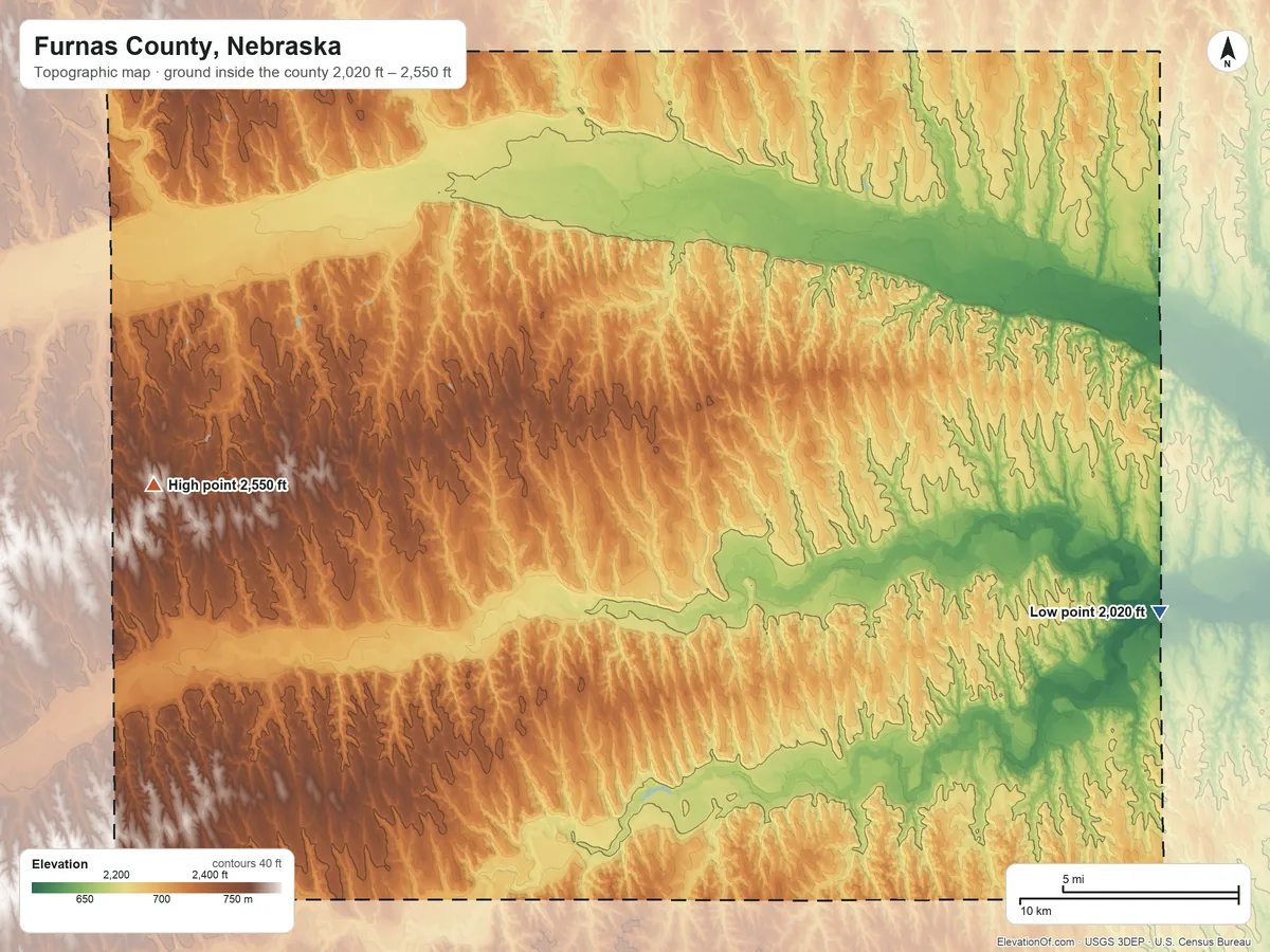 Topographic elevation map of Furnas County, Nebraska, shaded from 2,020 ft on the east side to 2,550 ft on the west side