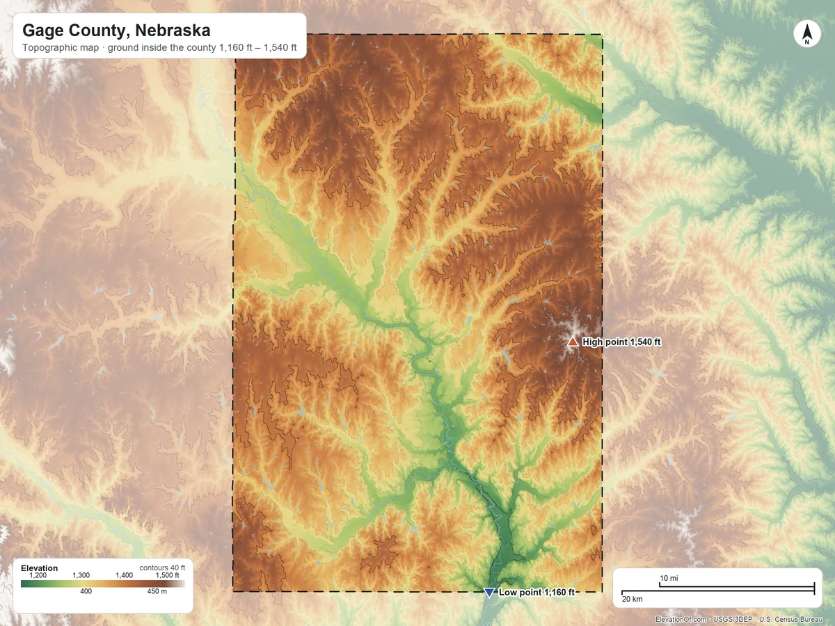 Topographic elevation map of Gage County, Nebraska, shaded from 1,160 ft on the south side to 1,540 ft on the east side