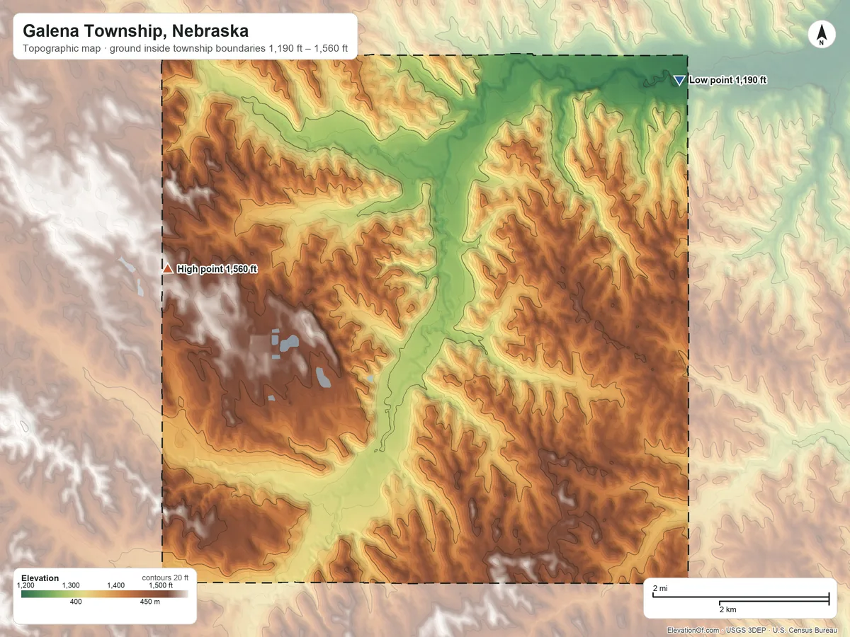 Topographic elevation map of Galena Township, Nebraska, shaded from 1,190 ft on the northeast side to 1,560 ft on the west side