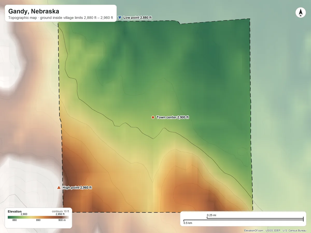Topographic elevation map of Gandy, Nebraska, shaded from 2,880 ft on the north side to 2,960 ft on the southwest side
