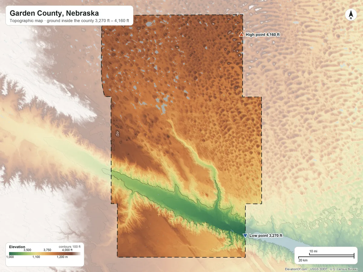 Topographic elevation map of Garden County, Nebraska, shaded from 3,270 ft on the southeast side to 4,160 ft on the northeast side