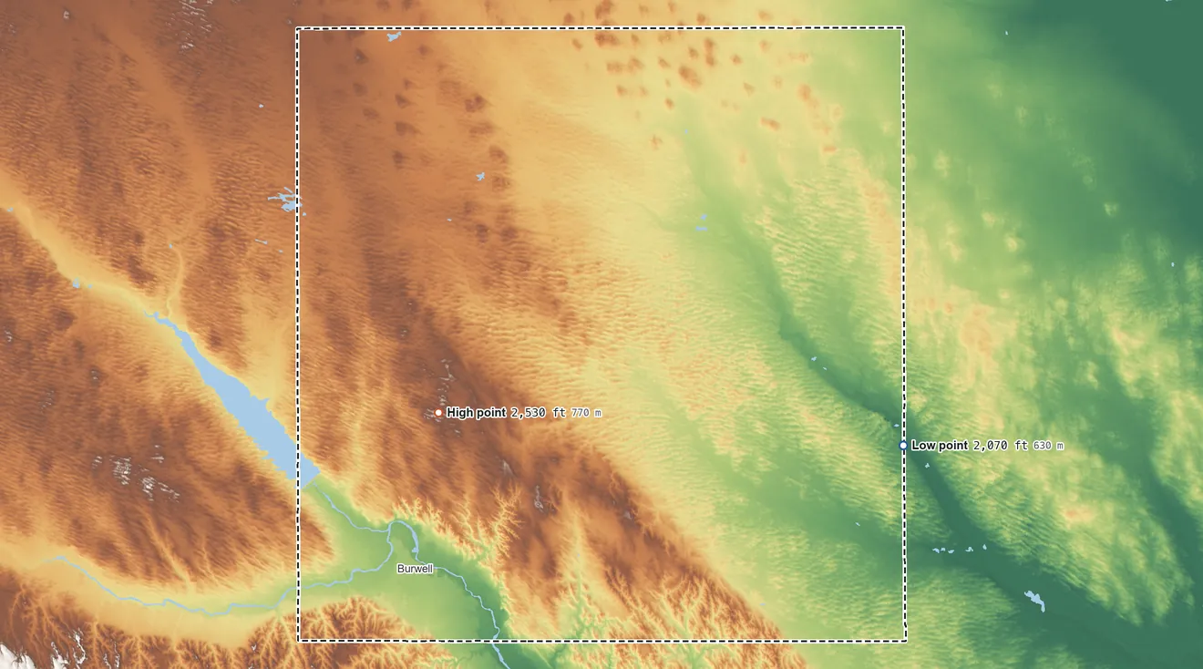 Topographic elevation map of Garfield County, Nebraska, shaded from 2,070 ft on the east side to 2,530 ft on the southwest side
